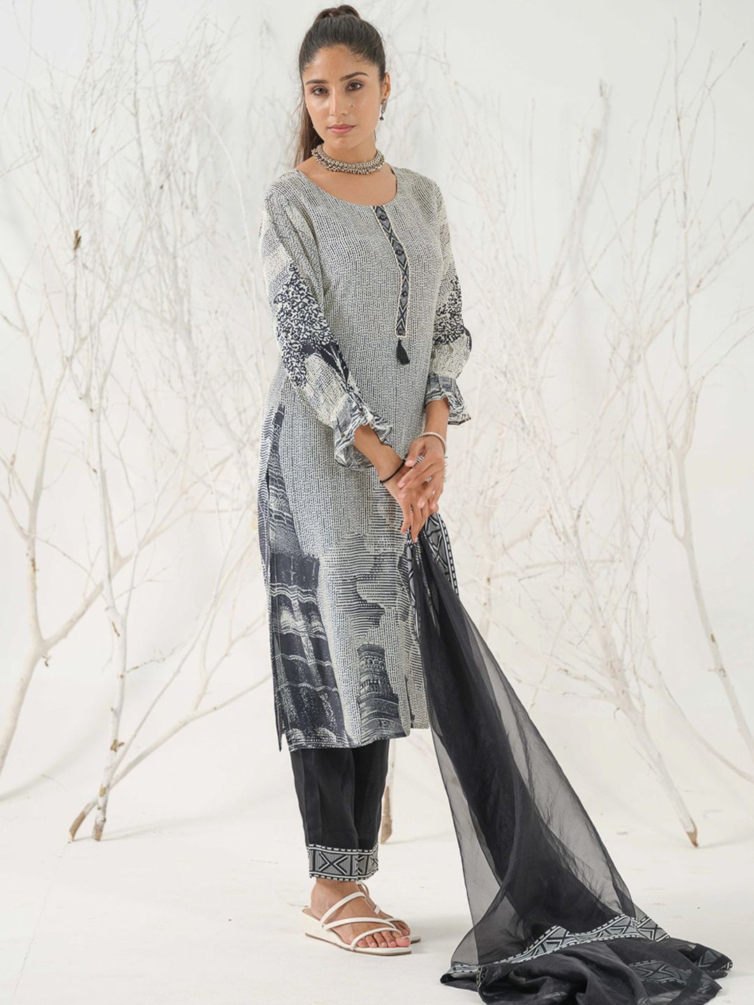 Dhiyona IS Women's Abstract Printed Linen Straight Kurta with Trousers & Dupatta