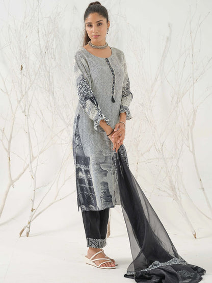 Dhiyona IS Women's Abstract Printed Linen Straight Kurta with Trousers & Dupatta