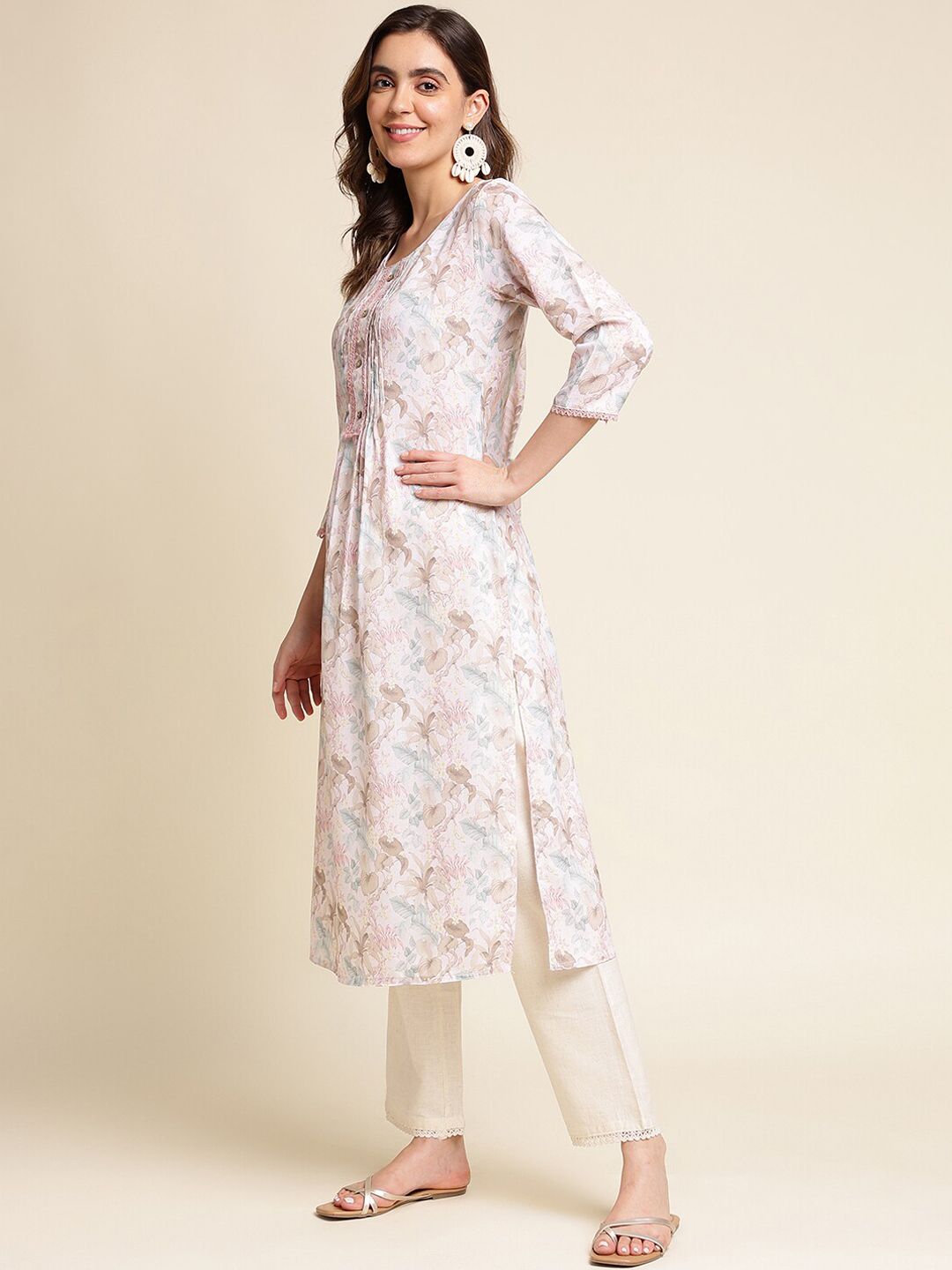 Dhiyona IS Women's Floral Printed Linen Kurta with Trousers & With Dupatta