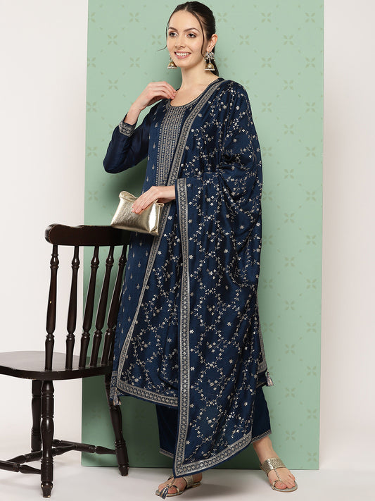 Ethnic Motifs Embroidered Sequinned Detail Straight Kurta with Trousers & Dupatta