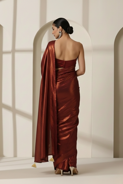 Dhiyona ST Cruella Red Gold Chiffon Saree with Pendants with Self Blouse Fabric