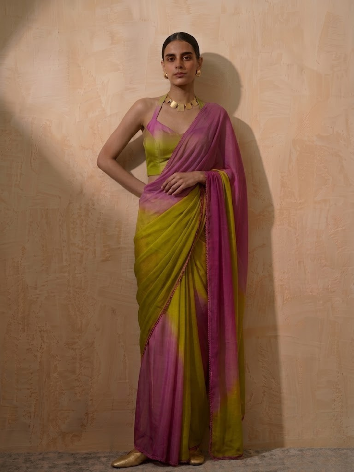Dhiyona ST Lilac and Green Ombre Chiffon Saree with Self Fabric Blouse