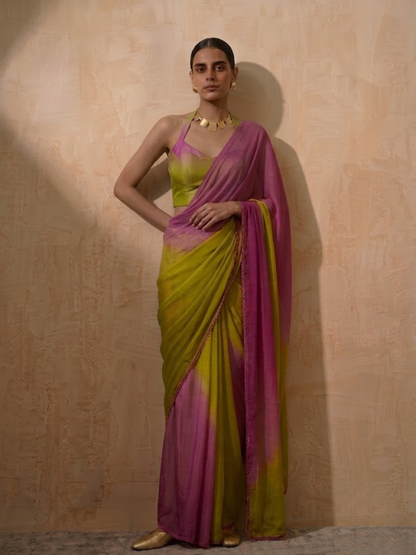 Dhiyona ST Lilac and Green Ombre Chiffon Saree with Self Fabric Blouse