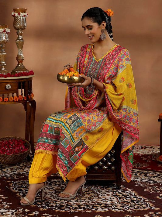 Ethnic Motifs Printed Mirror Work Kurta with Salwar & Dupatta