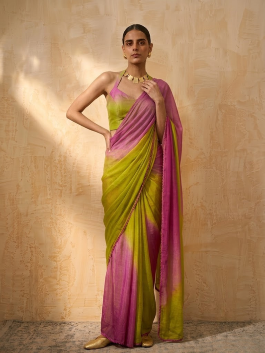 Dhiyona ST Lilac and Green Ombre Chiffon Saree with Self Fabric Blouse