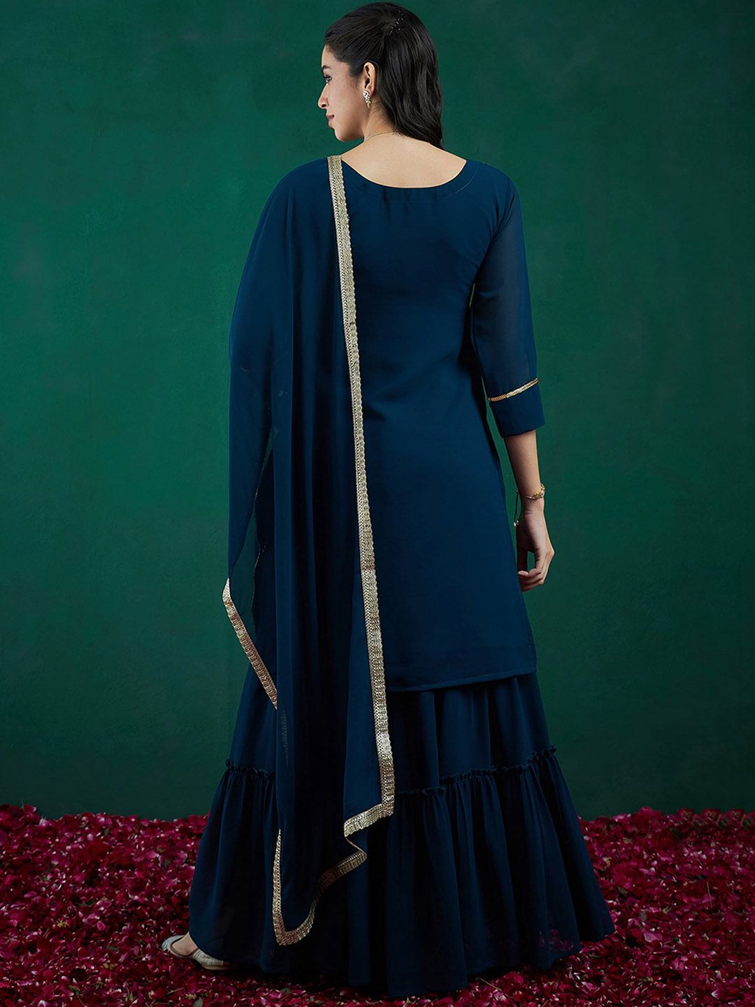 Dhiyona IE Floral Embroidered Regular Sequinned Kurta With Sharara & Dupatta