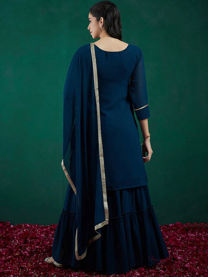 Dhiyona IE Floral Embroidered Regular Sequinned Kurta With Sharara & Dupatta