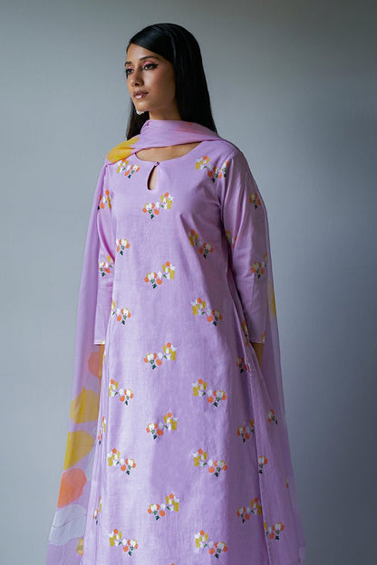 Women's Lavender Premium Cotton Printed Salwar Suit With Delicate Bead Work Detailing