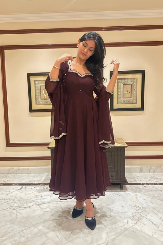 Dhiyona ST 3 pc Suit Set -Chocolate Georgette 3/4th Sleeve Anarkali with Embroidery and Dupatta with Pants