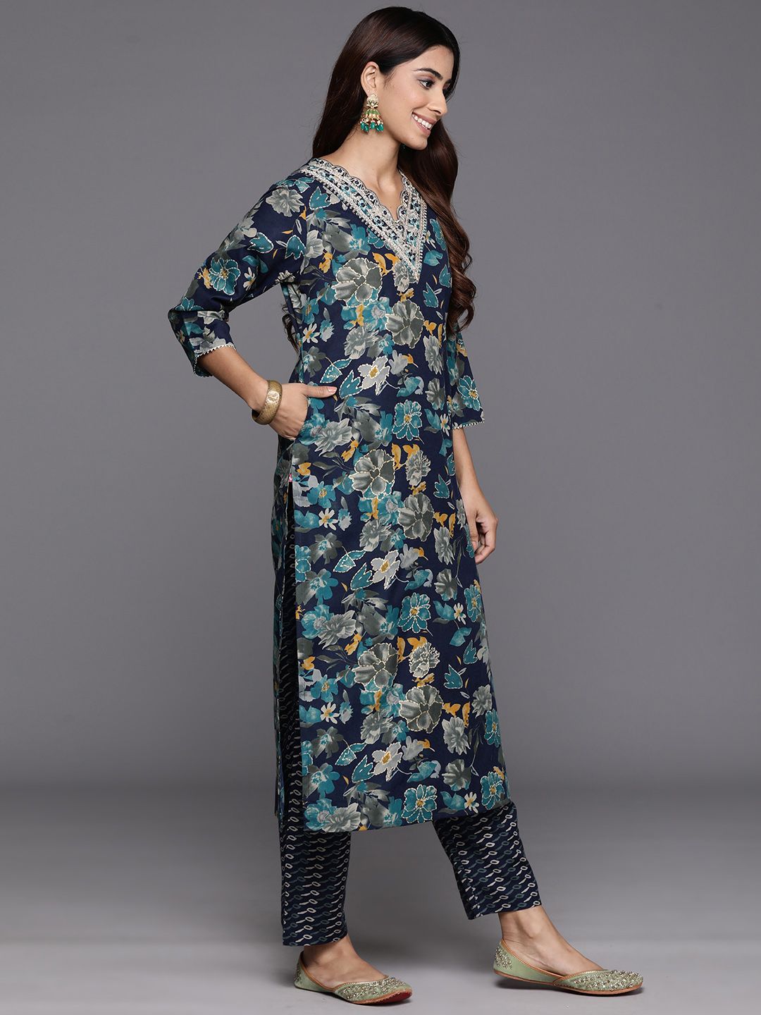 Blue Floral Printed Zari Embroidered Kurta with Trouser & Dupatta