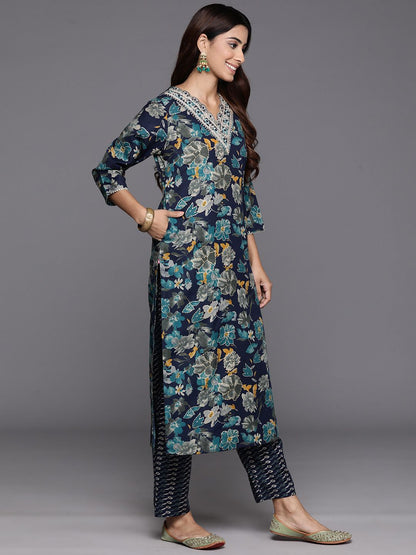 Blue Floral Printed Zari Embroidered Kurta with Trouser & Dupatta