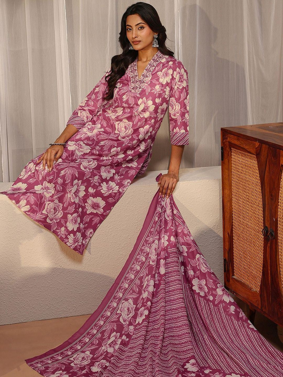 Libas Pink Floral Printed Straight Suit Set