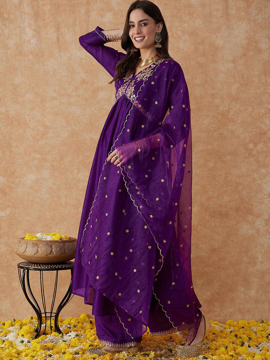 Dhiyona SN Women's Printed Flared Sleeves Kurta & Trousers With Dupatta