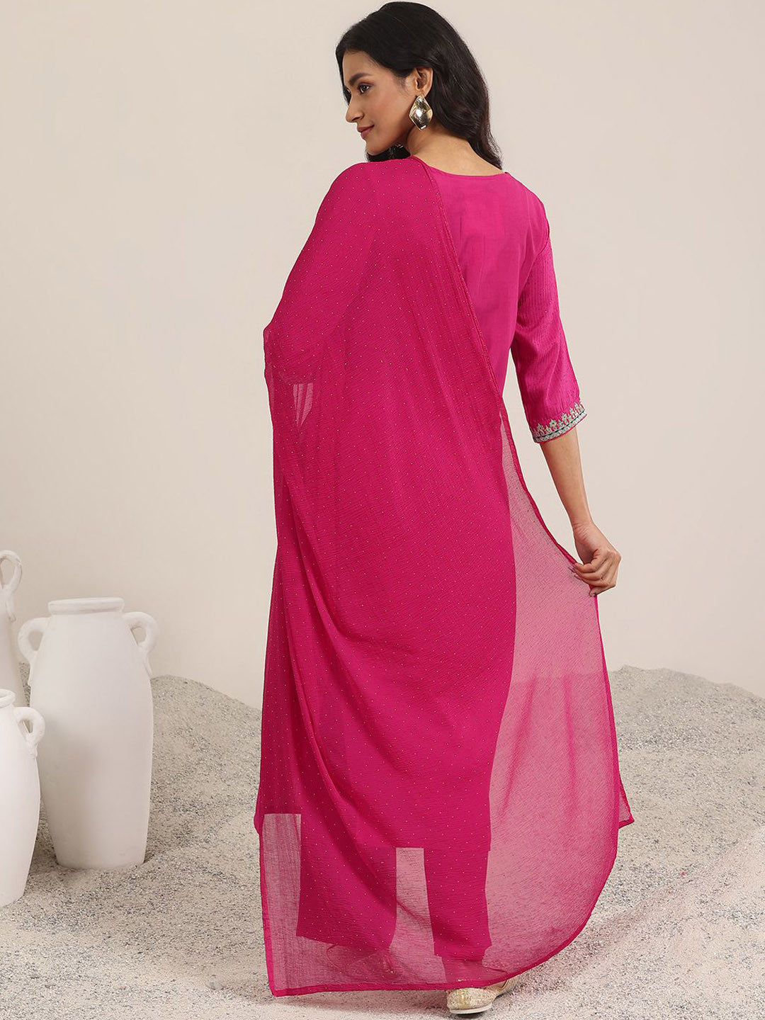 Floral Yoke Design Sequnnied Straight Kurta With Trousers & Dupatta