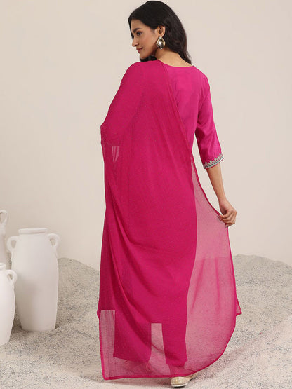 Floral Yoke Design Sequnnied Straight Kurta With Trousers & Dupatta