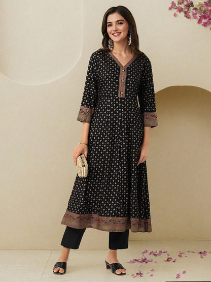 Dhiyona IS Women's Floral Printed V-Neck A-Line Kurta With Trousers
