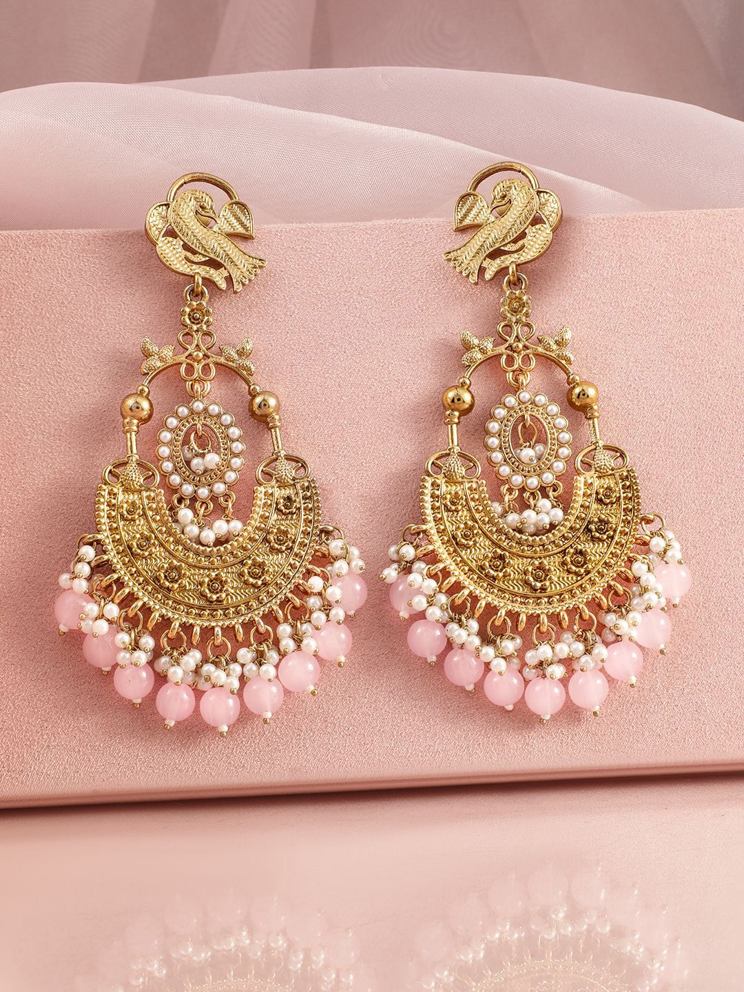 Dhiyona RJ Women's 18K Gold-Plated Large Chandbali Earrings with Pink Beads and Pearl Accents