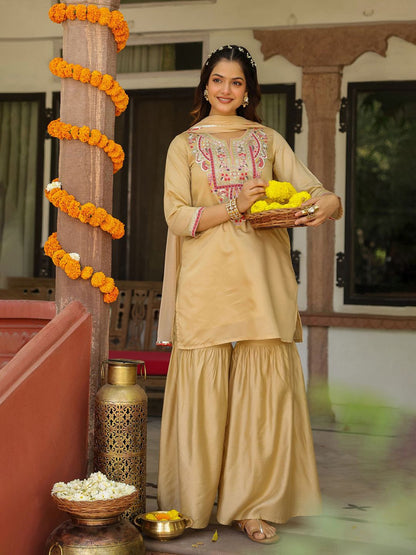 Dhiyona SC Women Beige Chanderi Silk Embroidered Sharara Set