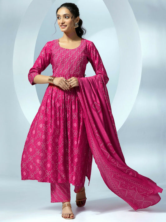 Women's LB Pink Printed Silk Blend A-Line Kurta With Trousers & Dupatta