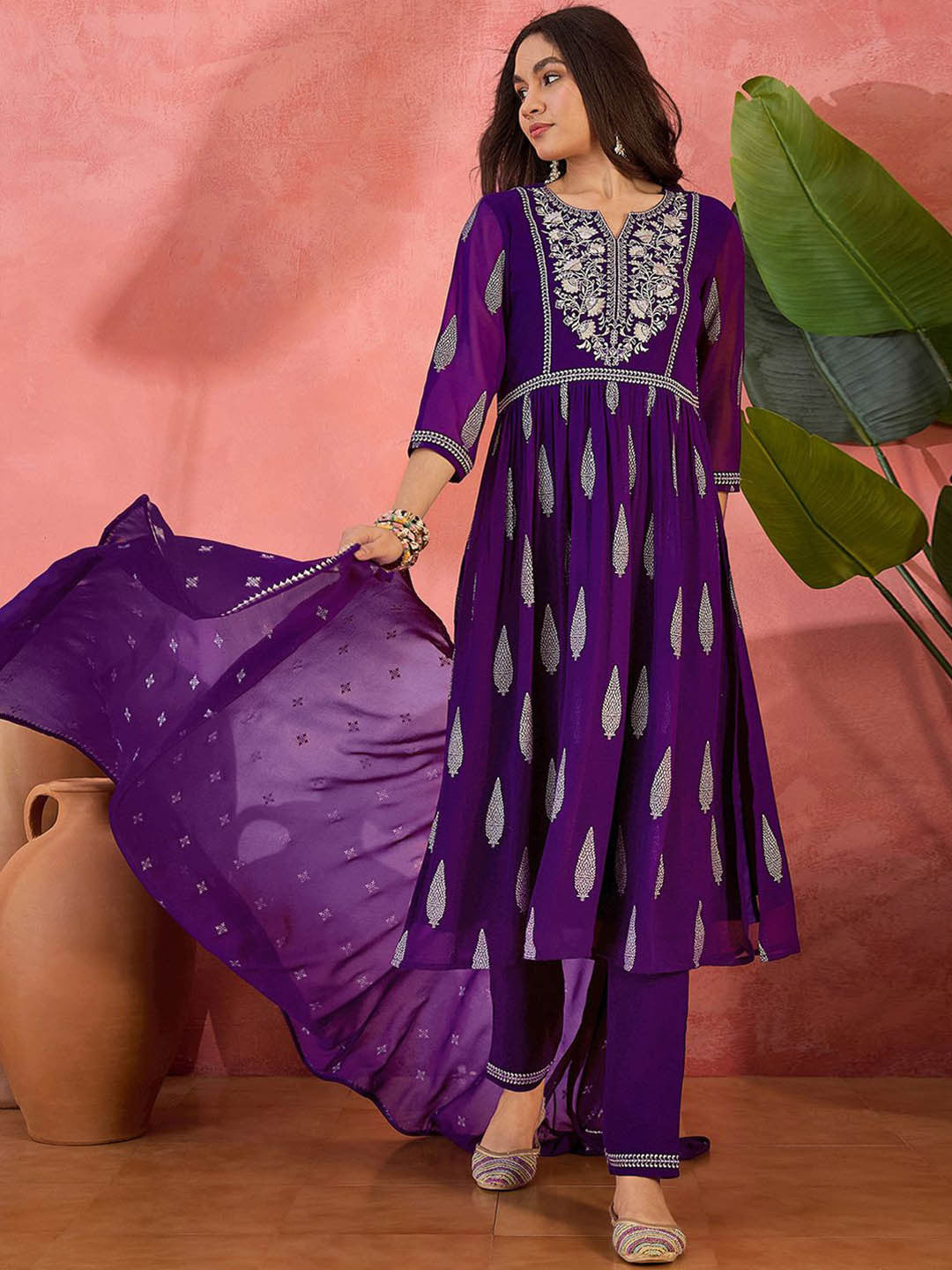 Floral Printed Notch Neck Zari Georgette Naira Cut Kurta With Trouser & Dupatta