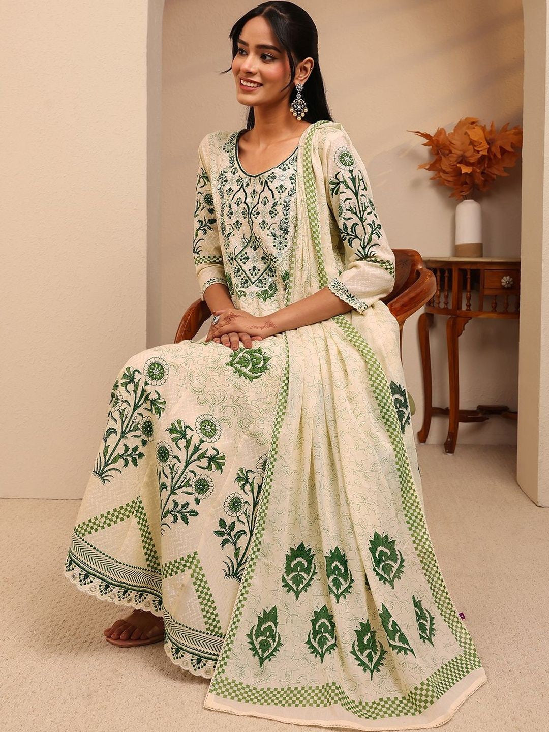 Cream Floral Printed Cotton Anarkali Suit Set