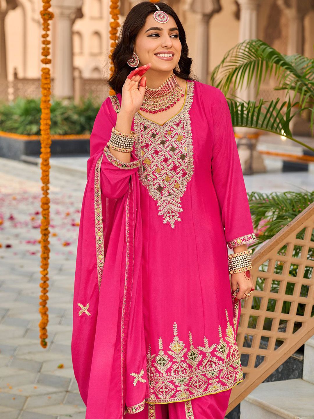 Floral Embroidered Mirror Work Sequinned Anarkali Kurta With Dhoti & Dupatta