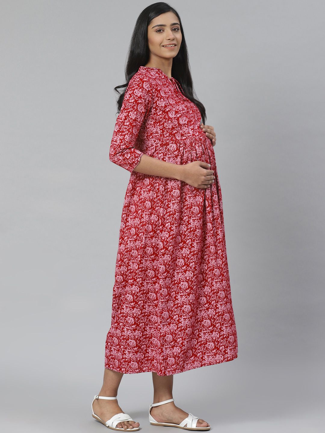 Dhiyona AY Women's Maroon & Pink Printed Pure Cotton Maternity A-Line Dress