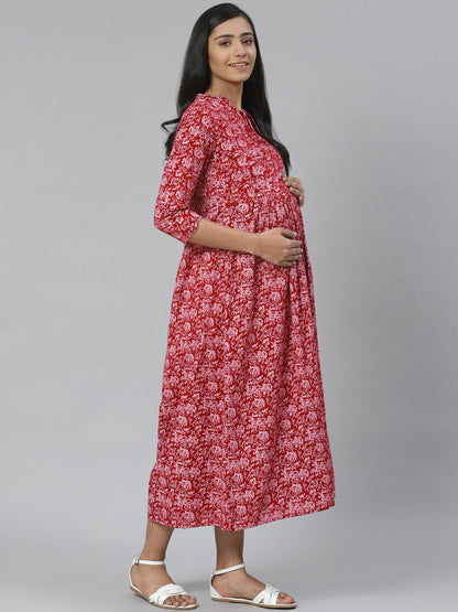 Dhiyona AY Women's Maroon & Pink Printed Pure Cotton Maternity A-Line Dress