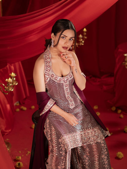 Dhiyona LL Chevron Embroidered Regular Sequinned Georgette Kurta With Palazzo With Dupatta