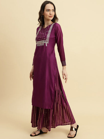 Dhiyona KL Yoke Design Embroidered Chanderi Silk Straight Kurta With Sharara & Dupatta