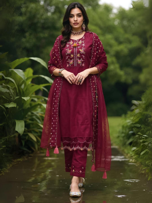 Maroon Floral Yoke Design Thread Work Straight Kurta & Trousers With Dupatta
