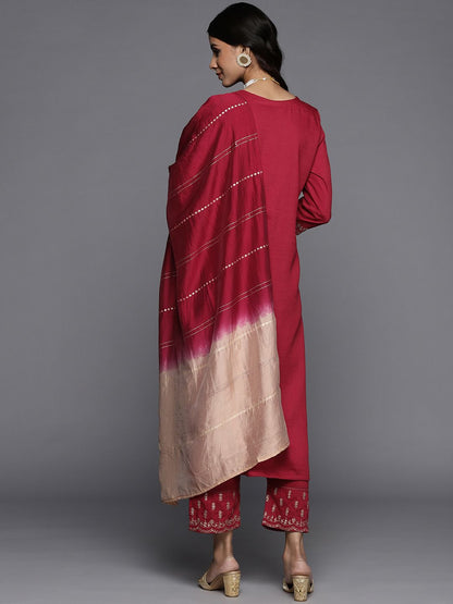 Dhiyona VA Women's Maroon Ethnic Motifs Yoke Design Sequinned Kurta with Trousers & Dupatta