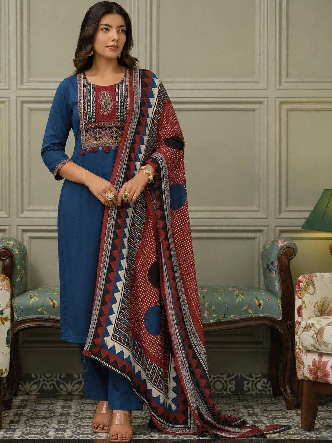 Women Ethnic Embroidered Regular Pure Cotton Kurta with Trousers & With Dupatta