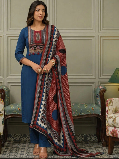 Women Ethnic Embroidered Regular Pure Cotton Kurta with Trousers & With Dupatta