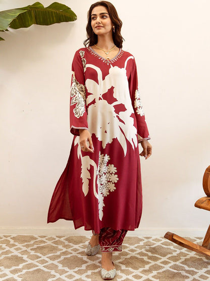 Dhiyona IS Women's Quirky Printed Beads and Stones Pure Cotton Kurta With Trousers & Dupatta