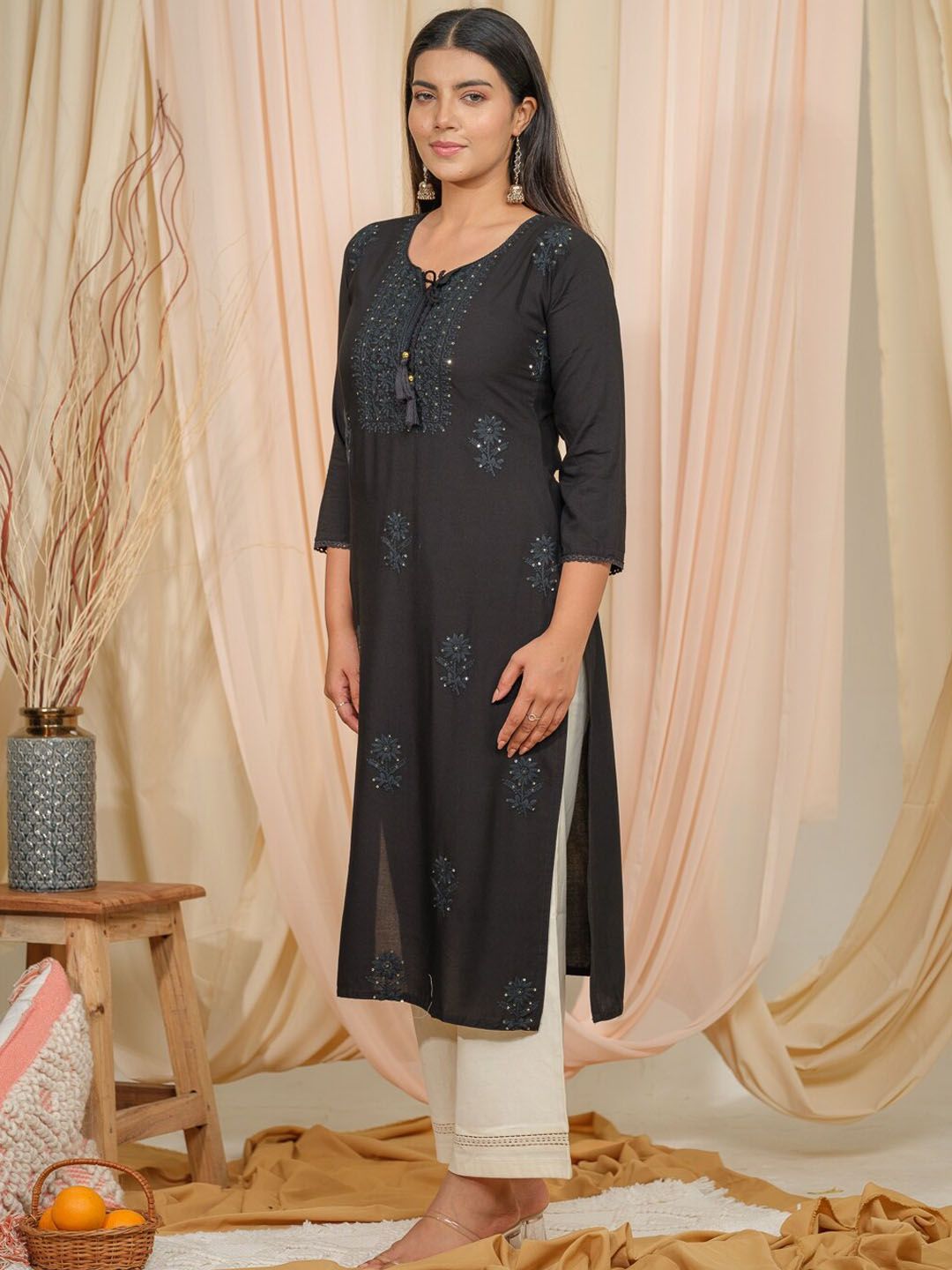 Dhiyona OD  Tie U[p Neck Sequined Embroidered Straight Kurta