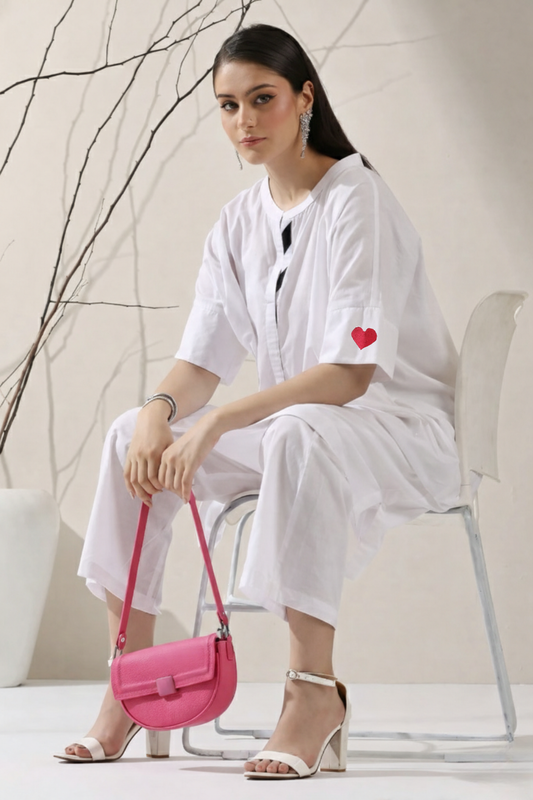 Dhiyona ST Women's White Cotton Kurta with Red Heart & Pants | 2 Pc Set, Easy Fit, Playful Everyday Ethnic Co-ord