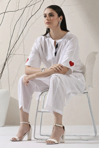 Dhiyona ST Women's White Cotton Kurta with Red Heart & Pants | 2 Pc Set, Easy Fit, Playful Everyday Ethnic Co-ord