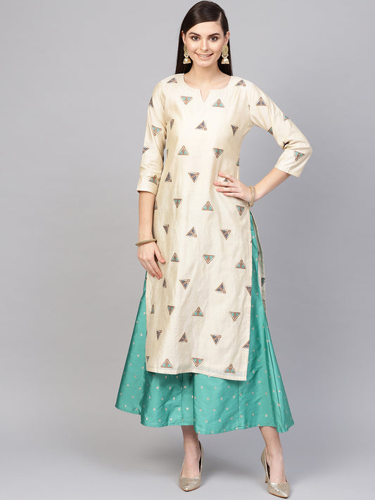 Women Beige & Green Embroidered Kurta with Palazzos