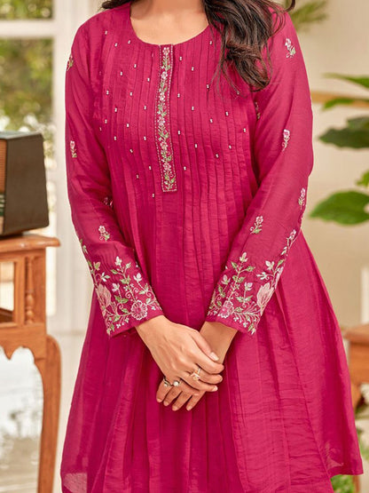 Pink Floral Embroidered Thread Work Chanderi Cotton A-Line Kurta With Palazzos