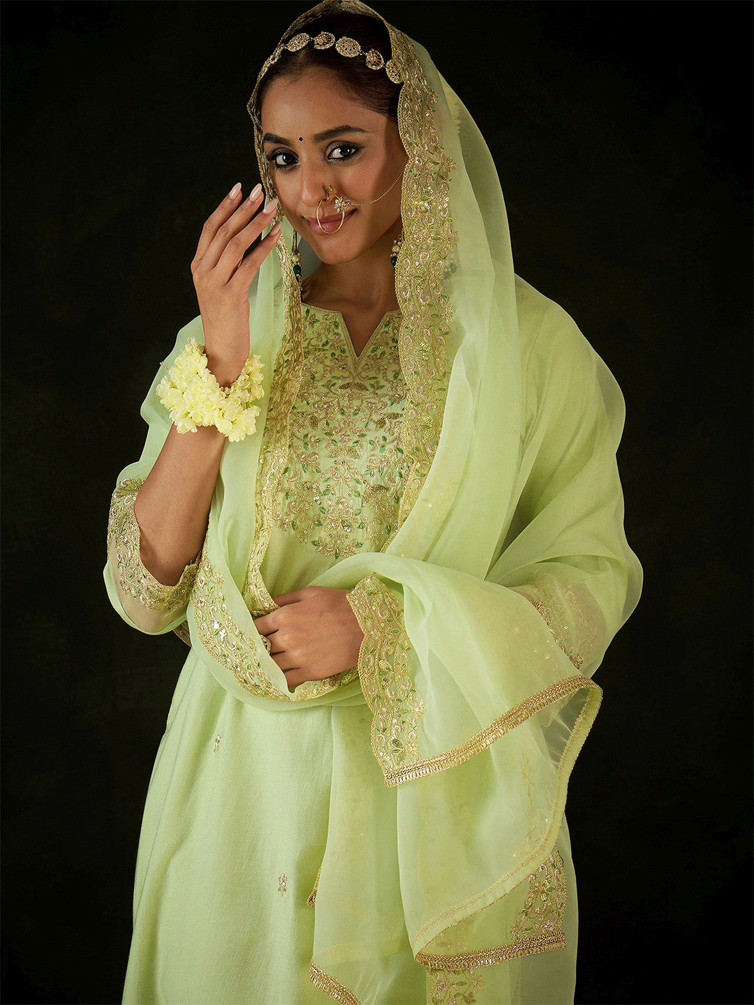 Floral Embroidered Notched Neck Liva Straight Kurta With Trousers & Dupatta