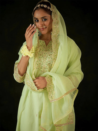 Floral Embroidered Notched Neck Liva Straight Kurta With Trousers & Dupatta