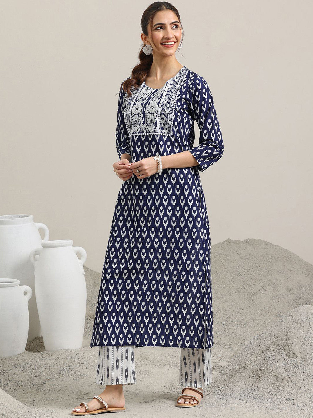 Abstract Printed Pure Cotton Straight Kurta with Trousers & Dupatta