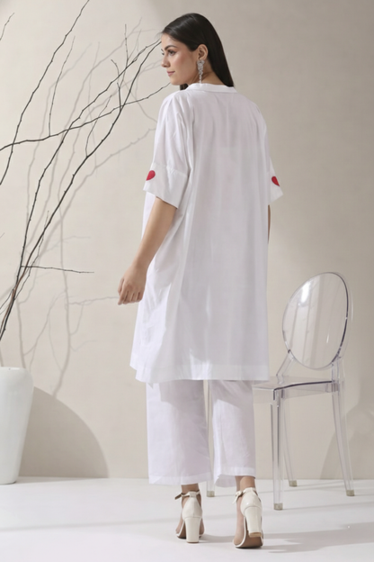 Dhiyona ST Women's White Cotton Kurta with Red Heart & Pants | 2 Pc Set, Easy Fit, Playful Everyday Ethnic Co-ord