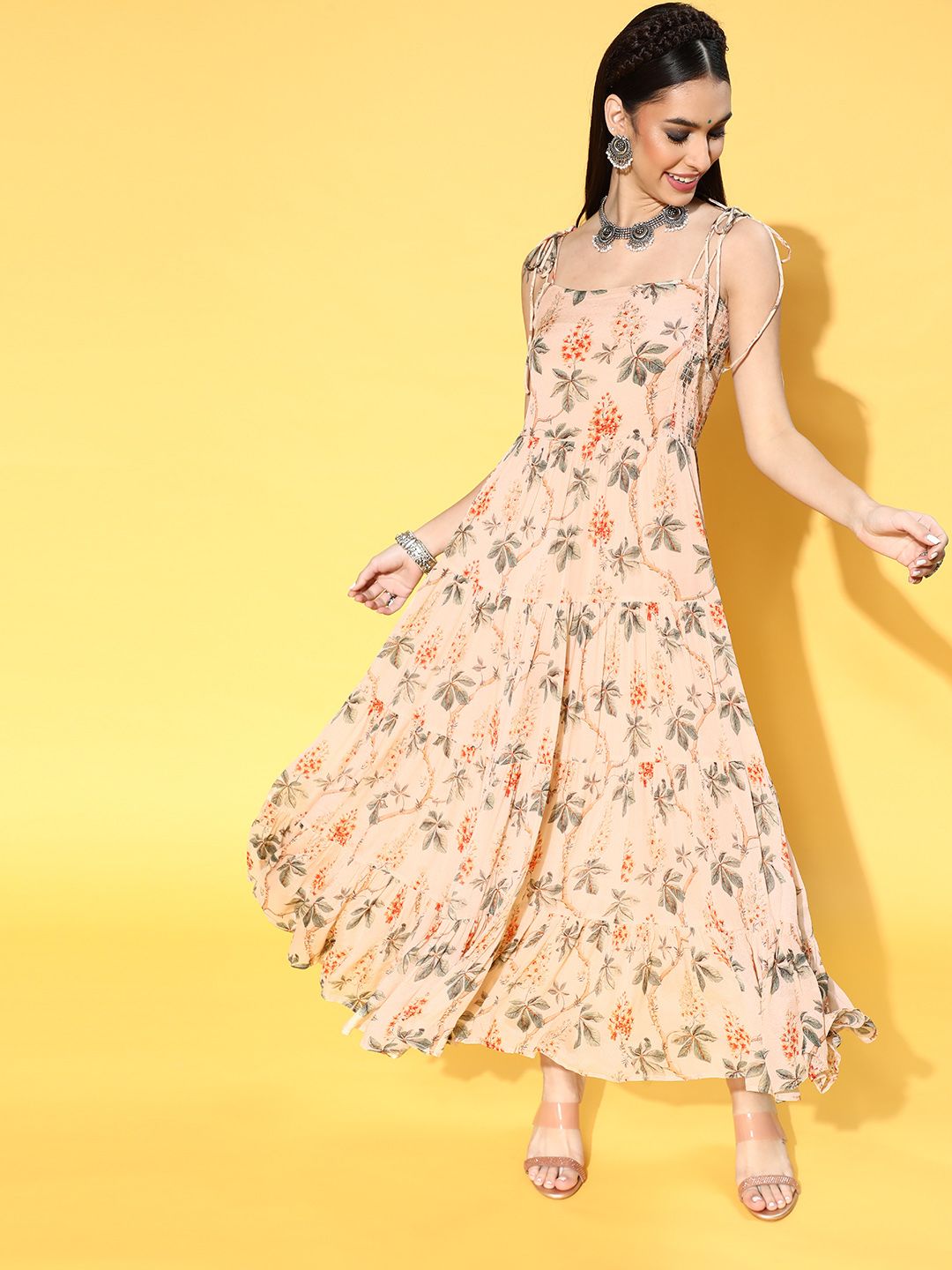 Dhiyona AY Women's Attractive Peach Romantic Florals Dress