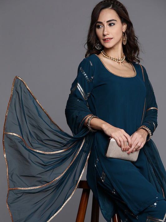 Women Blue Sequinned Detail Kurta with Palazzos & Dupatta