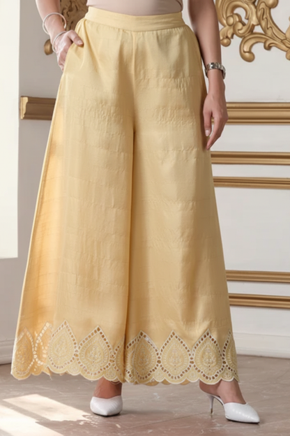 Dhiyona ST 2 Pc Set - Sunshine Yellow Cotton Schiffli Embroidery Halter Neck Sleeveless Kurta with Plazzo