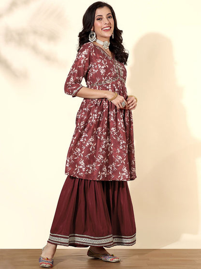 Dhiyona AN Ethnic Motifs Printed Empire Anarkali Kurta with Sharara & With Dupatta
