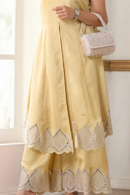 Dhiyona ST 2 Pc Set - Sunshine Yellow Cotton Schiffli Embroidery Halter Neck Sleeveless Kurta with Plazzo