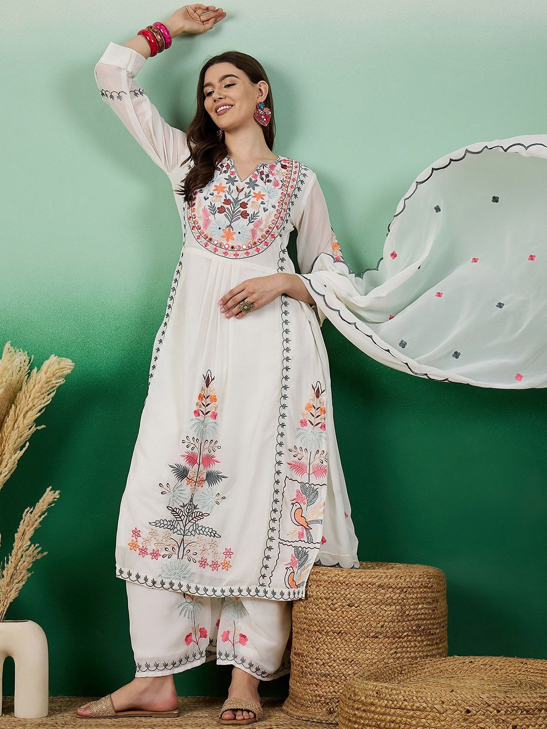 Dhiyona KL Floral Embroidered Georgette Straight Kurta With Palazzo & Dupatta